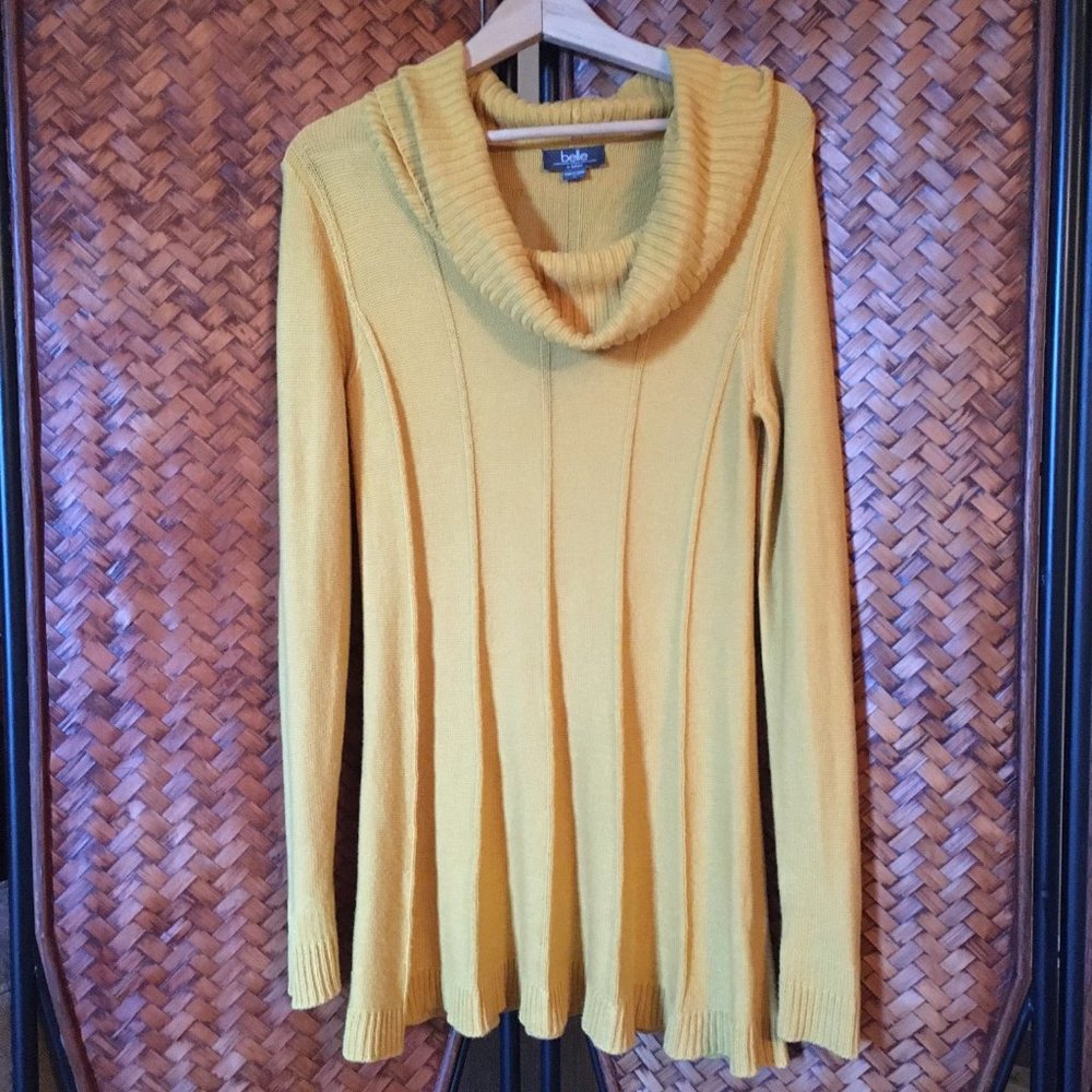 Belldini Honey Yellow Cowl Neck Pleated Knit Sweater Dress S